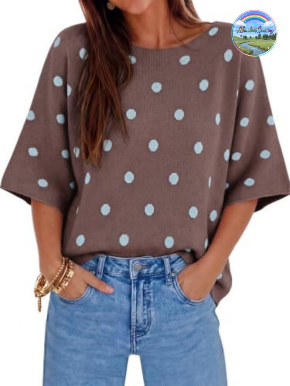 Oversized Knit Pullover Sweater Polka Dot Boat Neck Short Sleeve Women's Top